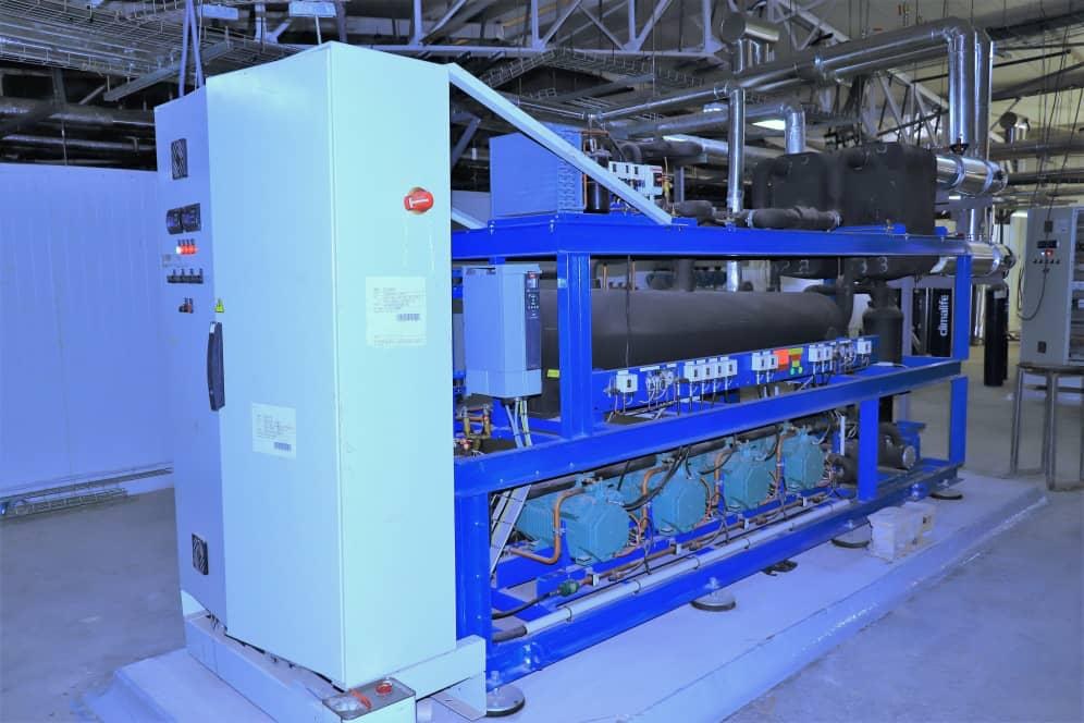 Refrigeration compressor rack with control panel in a plant room at Comart Nigeria Ltd