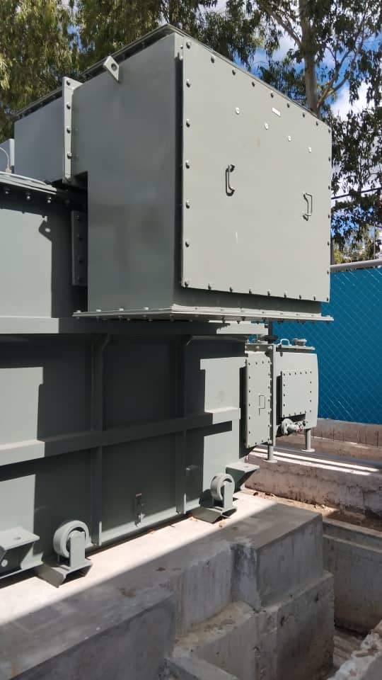Power transformer on its concrete plinth at the Beira, Mozambique transmission line project