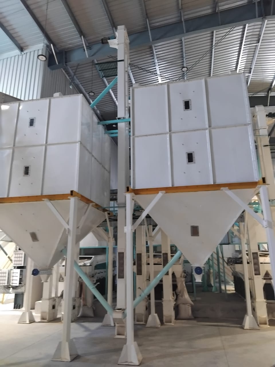 Hulled seed silos on steel supports with a vertical elevator between them, Mozambique